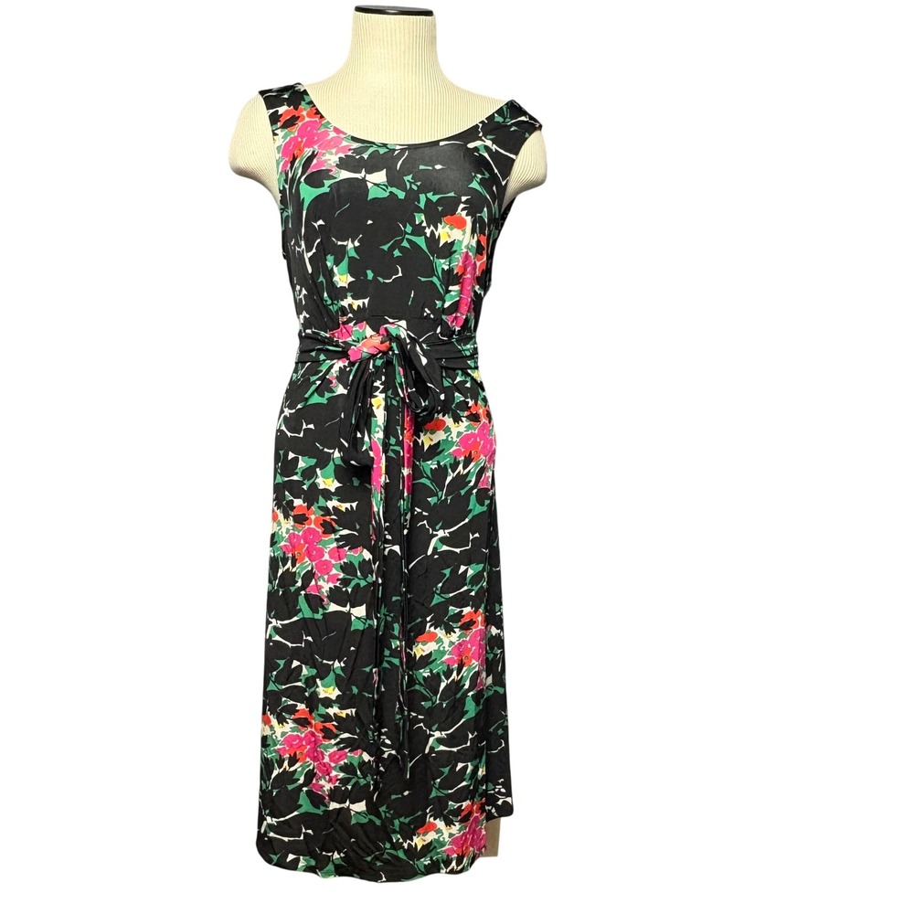 Leota Handmade in‎ New York Floral Midi Dress Black Sleeveless Tie Waist Bold